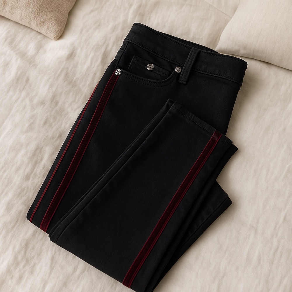7 For All Mankind Black Skinny Jeans w/ Red Velvet Side Stripe | Size 28